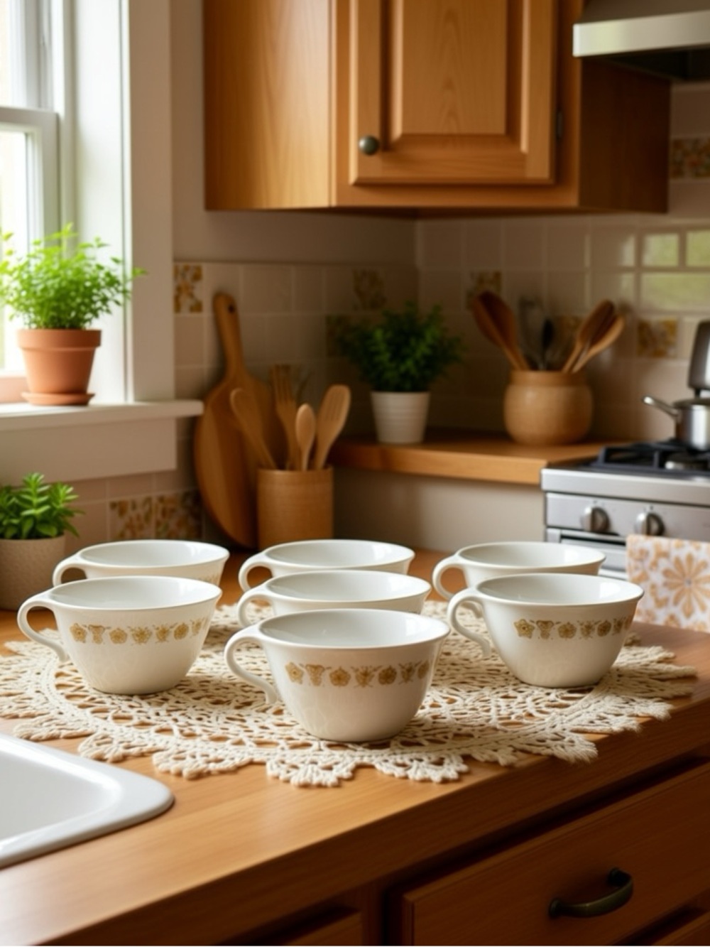 Vintage Corelle Butterfly Gold Hook Handle Coffee Tea Cups Set of 7 Corning 70s